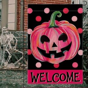 Pink‎ Polka Dot Jack-O’-Lantern Garden Flag – Cute Halloween Pumpkin Decor 12x18